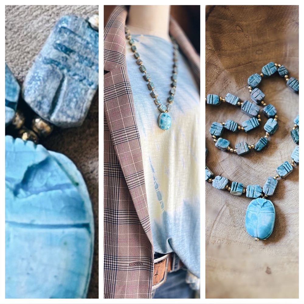 Vintage Soapstone & Chunky Egyptian Ceramic Scarab Necklace - Picture 10 of 14